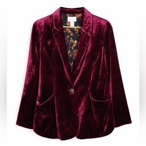 Chico’s Velvet Blazer Size M Wine Plum Burgundy Floral Lining Holiday Party